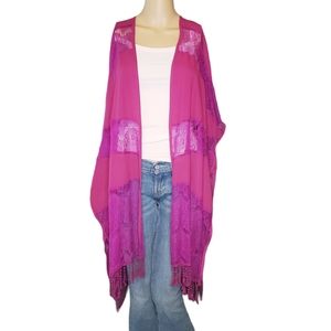 S - Miami Francesca's magenta pink sheer lace fringe tassle kimono cardigan NEW